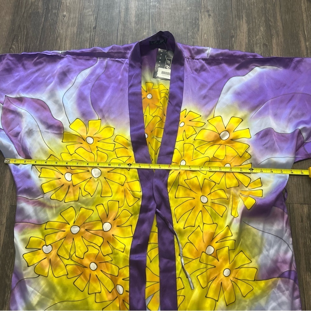 NWT Intimates Sleepwear Purple Yellow Floral Short Sleeve Satin Robe Jacket L - Picture 8 of 8